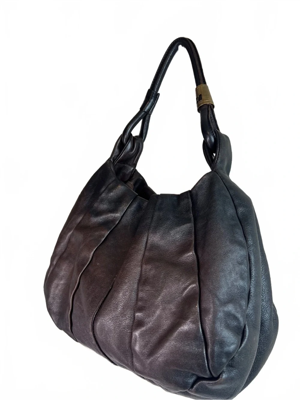 Boss Orange Pleated Leather Hobo Bag Brown Black Shoulder Purse